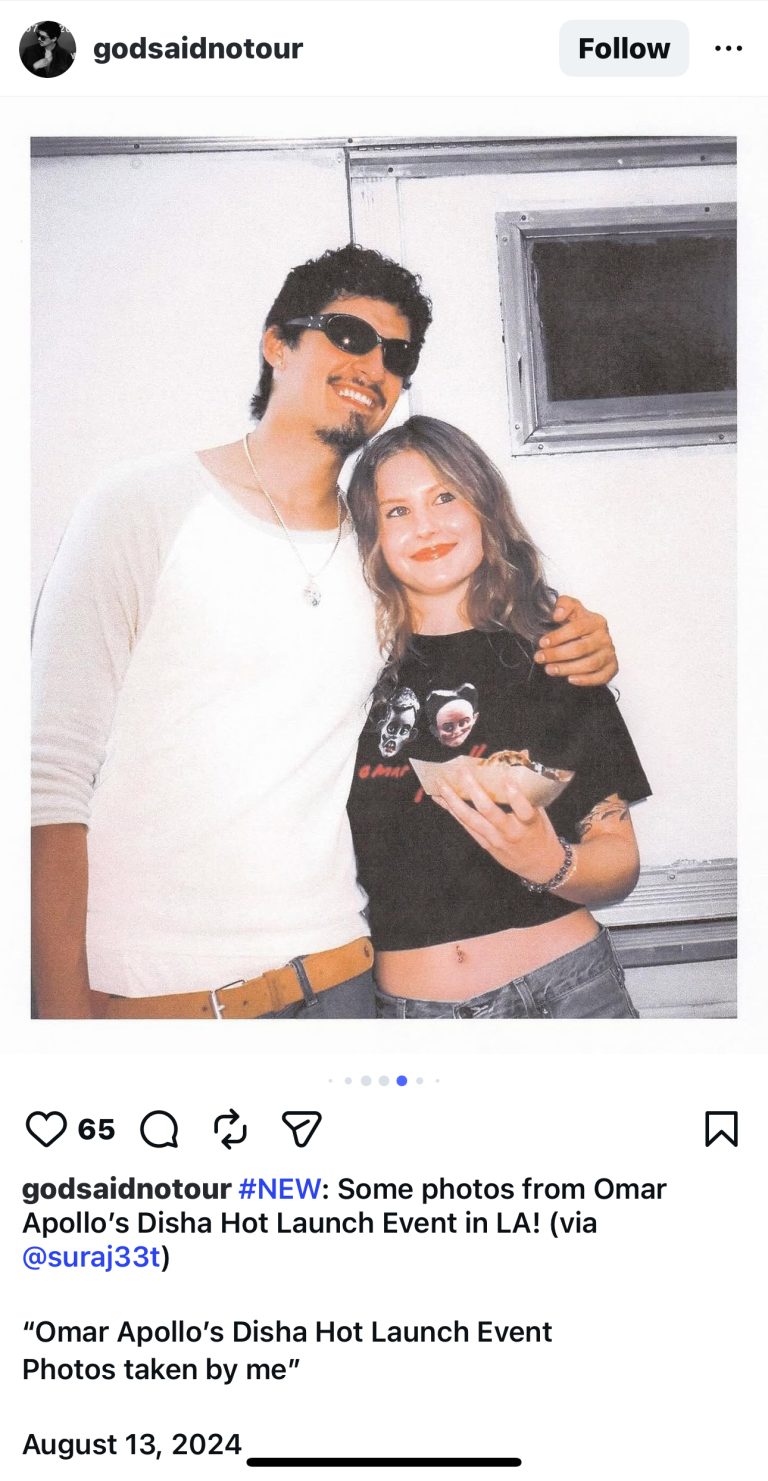 Instagram post showing Omar Apollo taking pictures with a fan. The fan holds a taco with Omar's hot sauce on it.