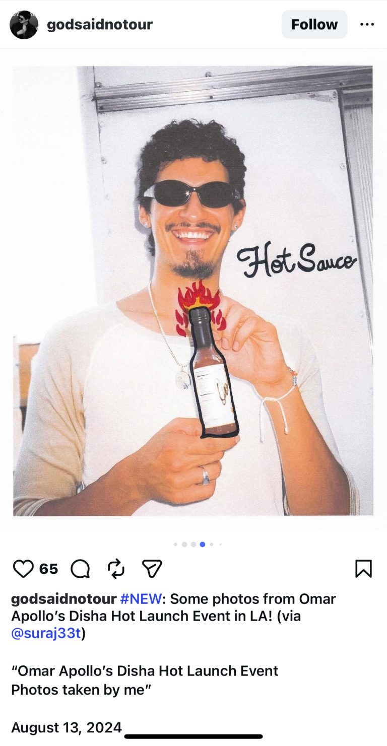 Instagram post of Omar Apollo presenting Disha Hot sauce. The hot sauce has a black outline and drawn flames on top.