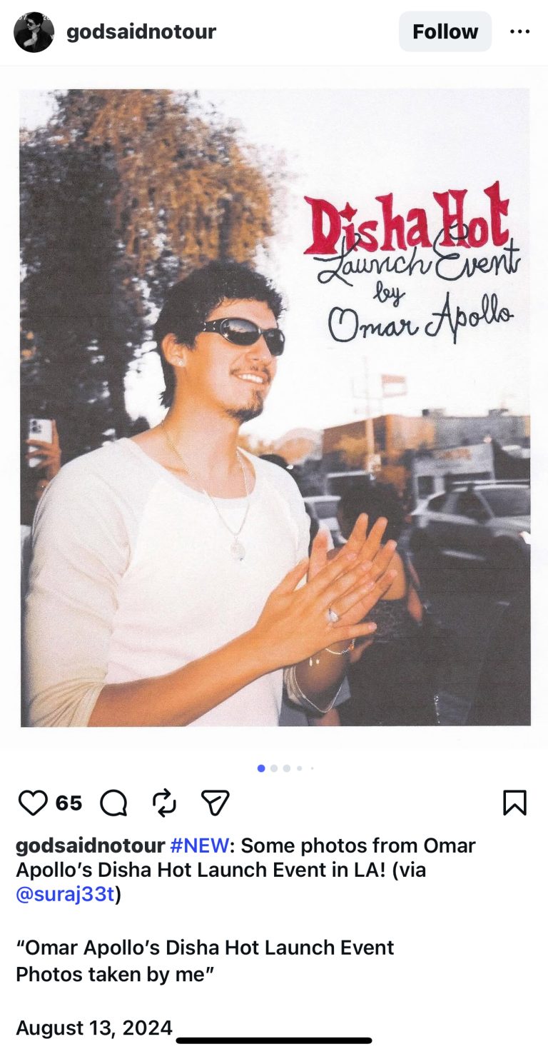 Screenshot of an instagram post. The image is a smiling Omar Apollo, wearing sunglasses. The upper righthand corner has the text "Disha Hot Launch Event by Omar Apollo".