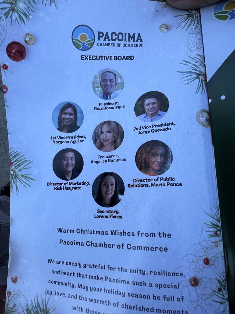 A paper of the Pacoima Chamber of Commerce Executive Board for the 2025 Pacoima Parade. The paper details the board are proud of Pacoima’s community, and wish everyone a holiday season full of joy.